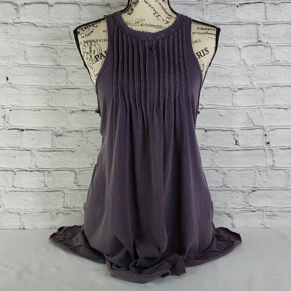 'FREE PEOPLE' DISTRESSED RAW~EDGE PLEATED TOP TEMPEST BLUE